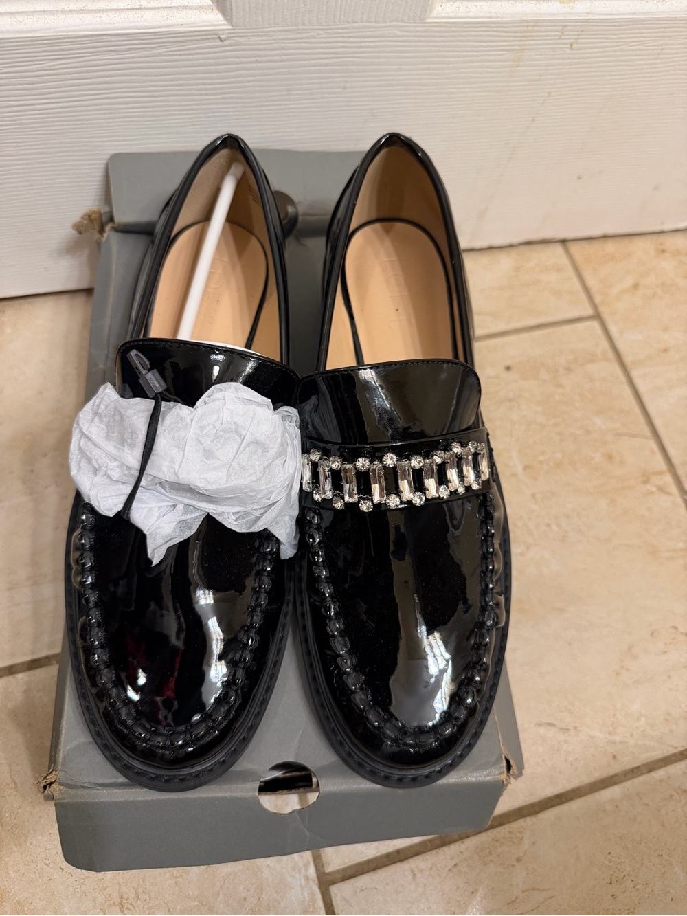 LOFT Black Patent Crystal-Trim Loafers
